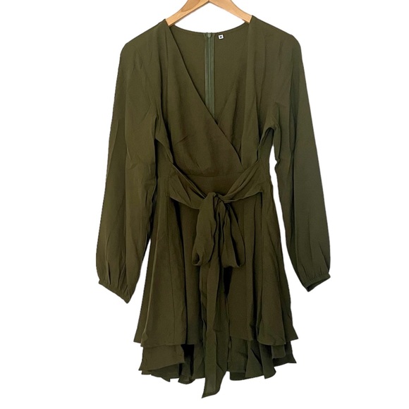 Womens Fit & Flare Boho Long Sleeve Mini Dress in Olive Green Size M - Picture 10 of 12